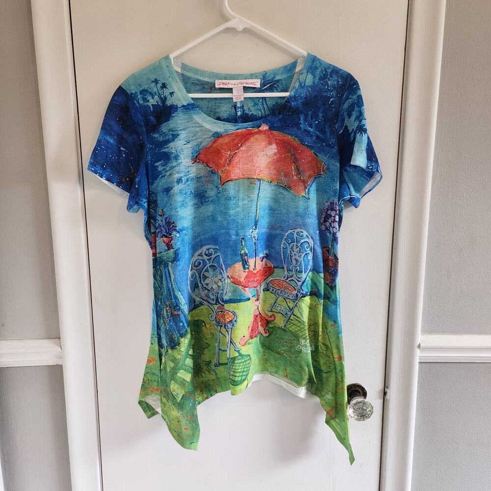 Leoma Lovegrove Size Large Top Short Sleeve Shirt Outdoor Cafe Print Art To Wear